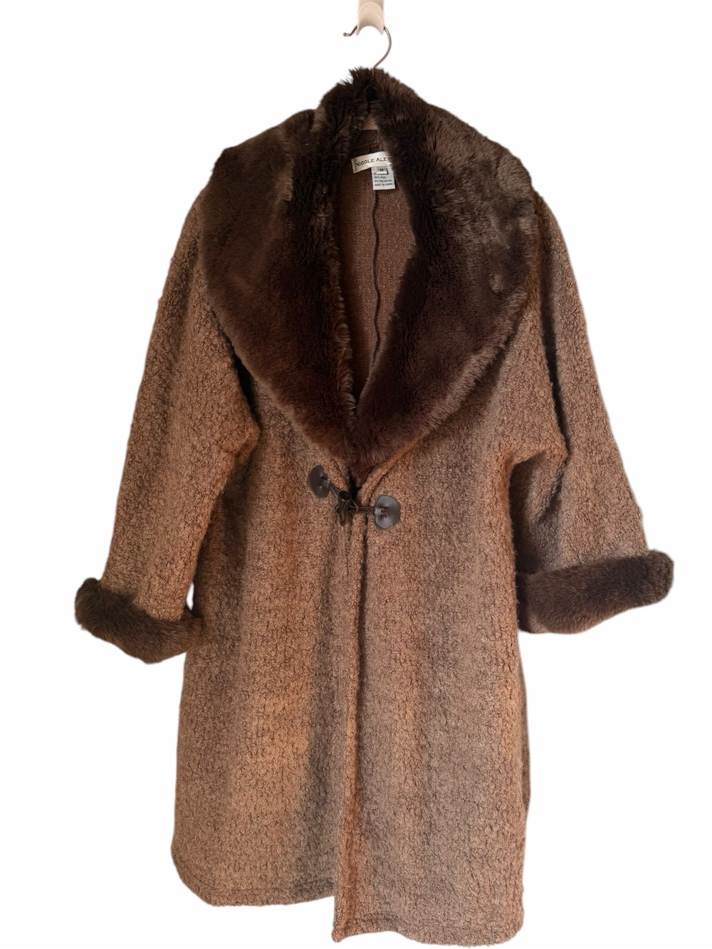 Nicole Alexander Brown Faux Fur Trim Bouclé Wool Blend Coat Winter Cozy Outdoors
